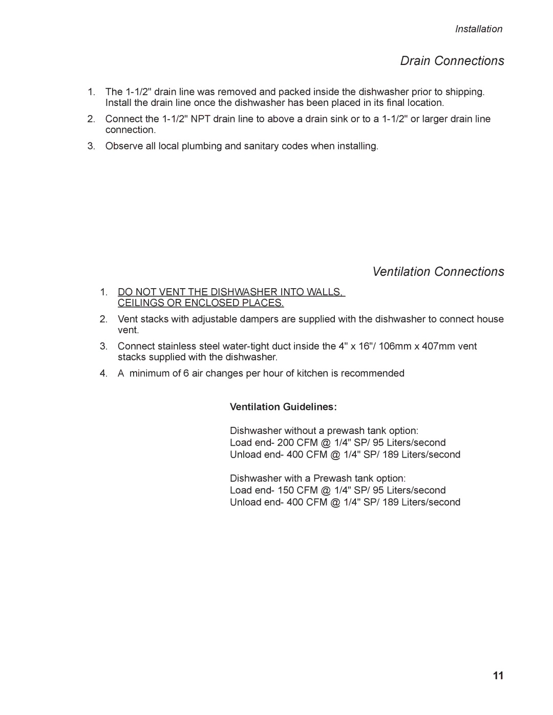 Moyer Diebel MD-44, MD-66 operation manual Drain Connections, Ventilation Connections 