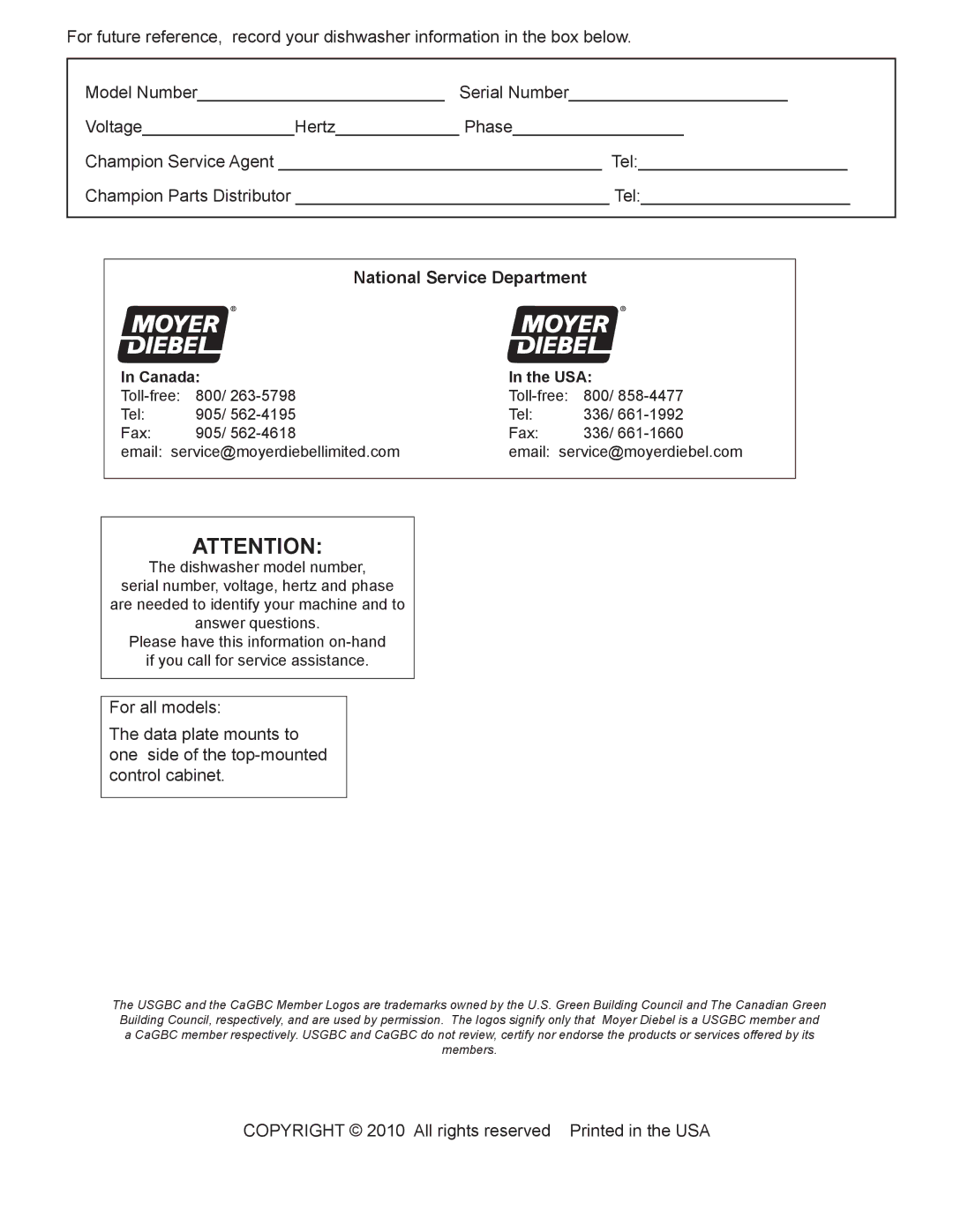 Moyer Diebel MD-66, MD-44 operation manual National Service Department 