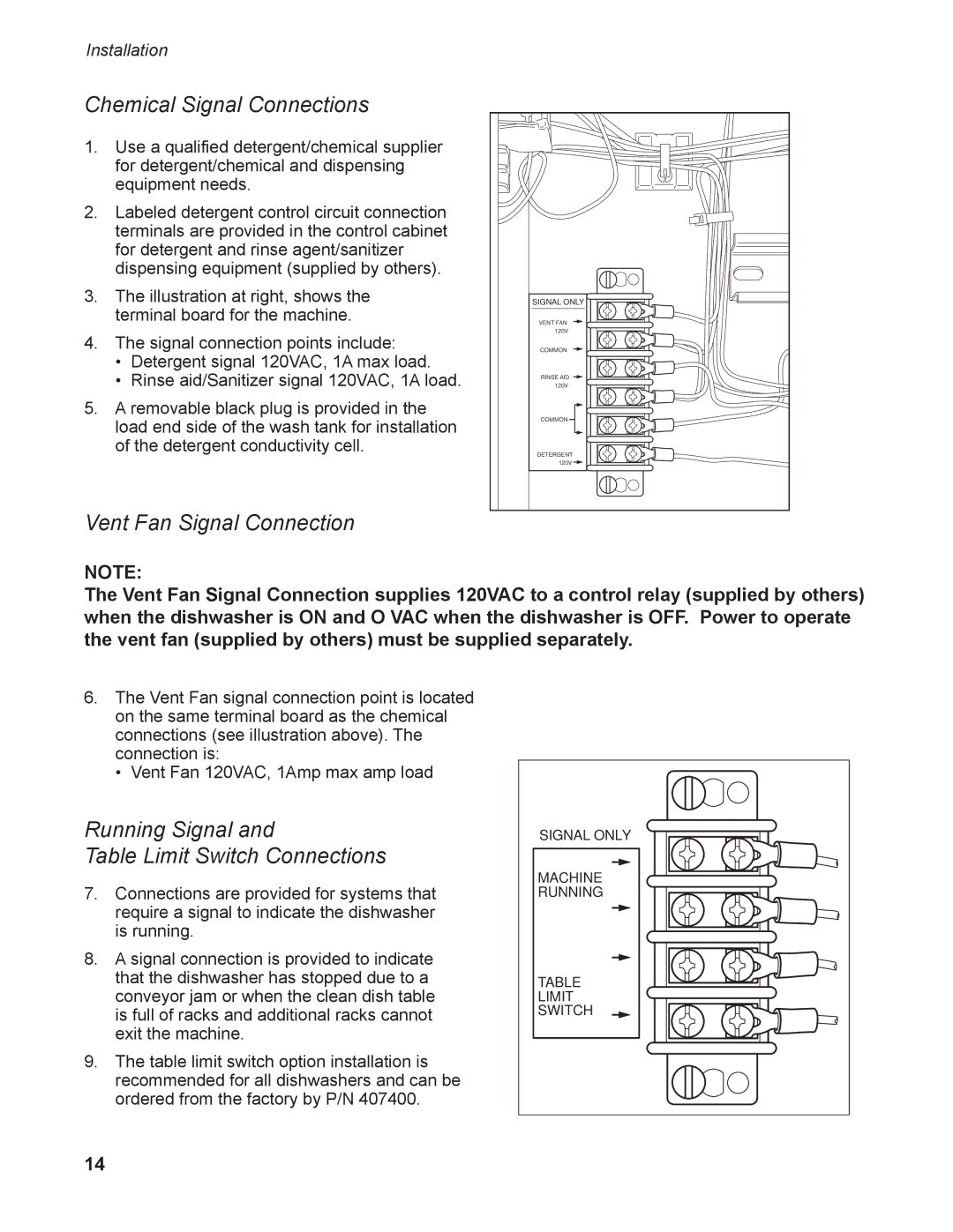 Moyer Diebel MD-66 Chemical Signal Connections, Vent Fan Signal Connection, Running Signal Table Limit Switch Connections 