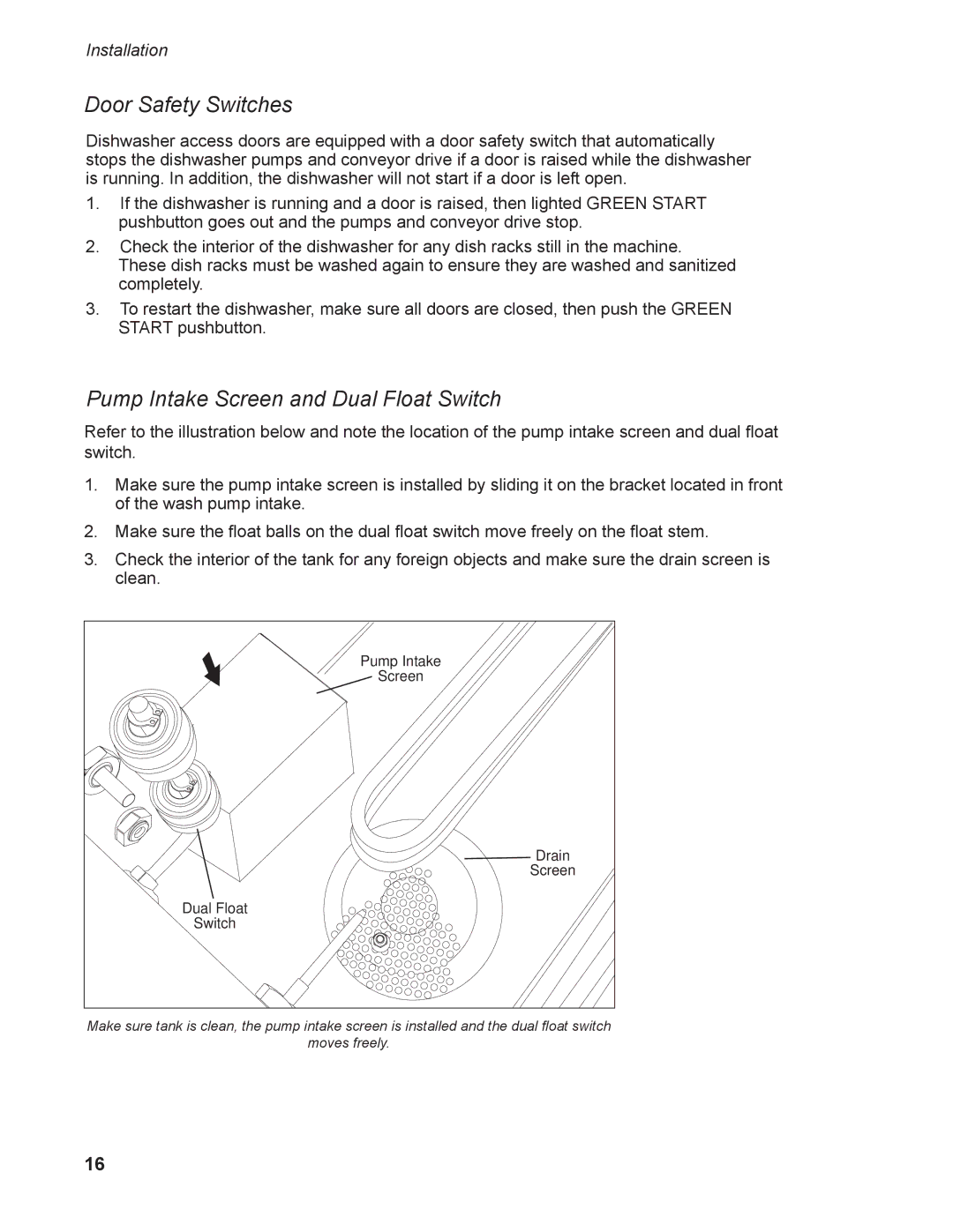 Moyer Diebel MD-66, MD-44 operation manual Door Safety Switches, Pump Intake Screen and Dual Float Switch 