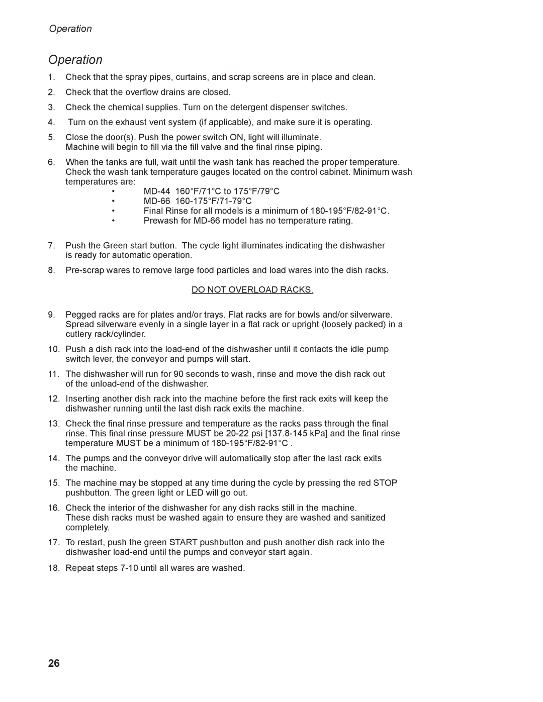 Moyer Diebel MD-66, MD-44 operation manual Operation, Do not Overload Racks 