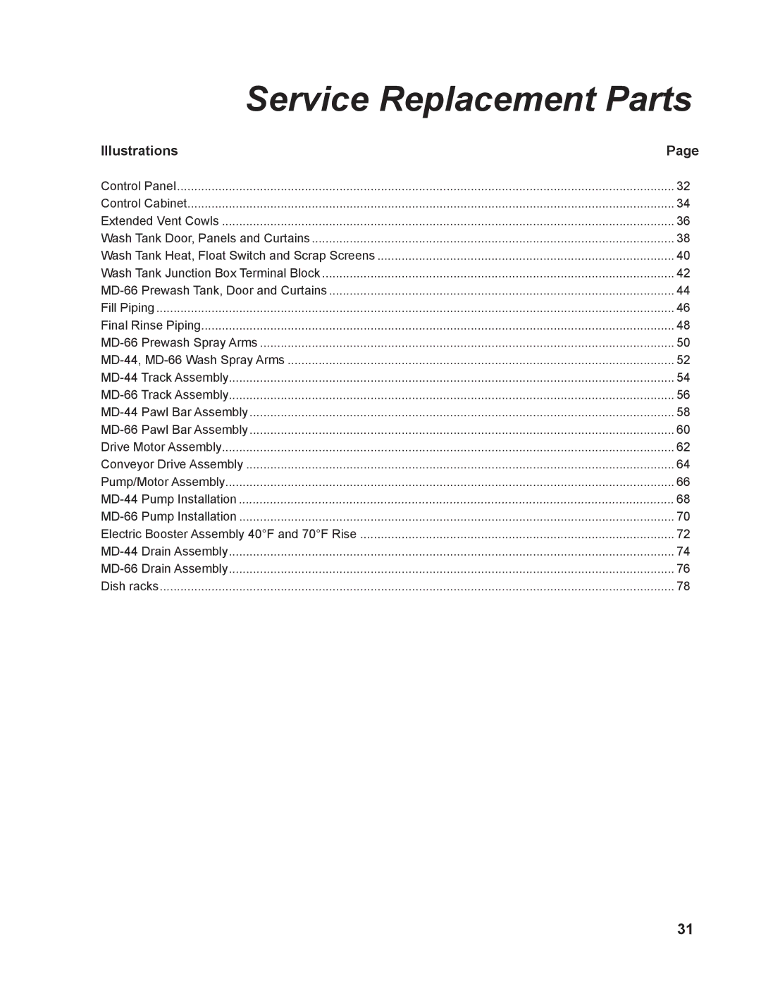 Moyer Diebel MD-44, MD-66 operation manual Service Replacement Parts 