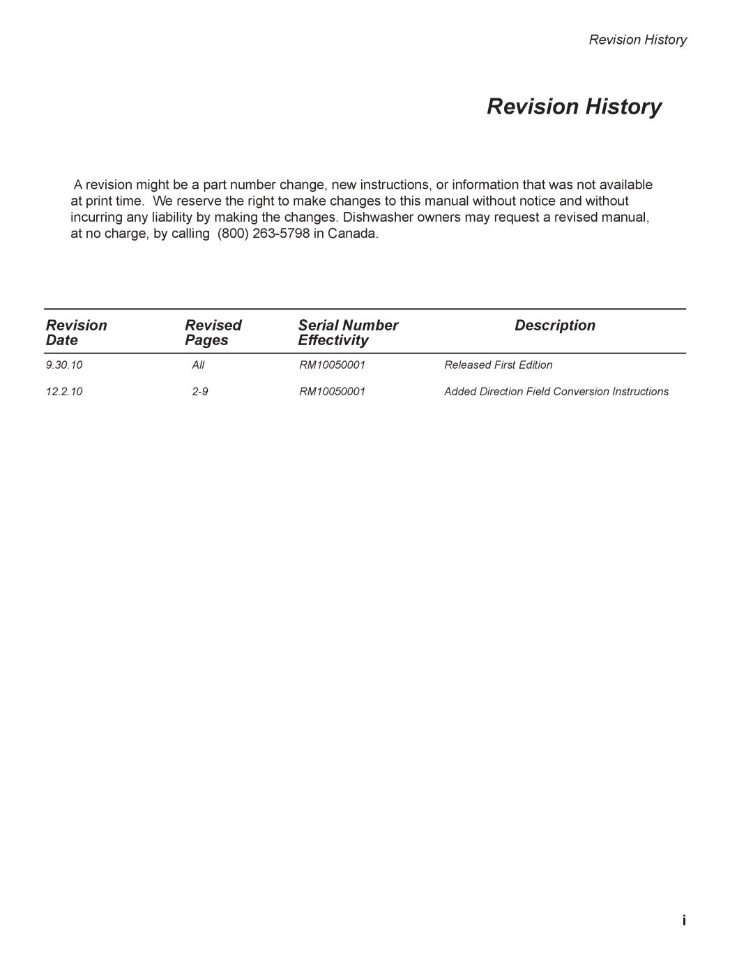 Moyer Diebel MD-44, MD-66 operation manual Revision History 