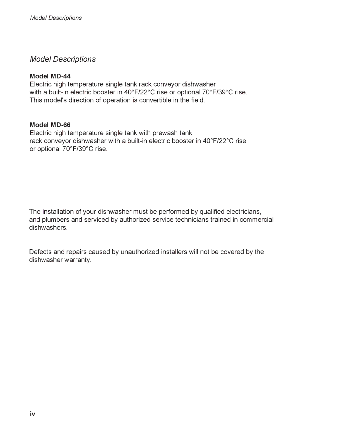 Moyer Diebel MD-66 operation manual Model Descriptions, Model MD-44 