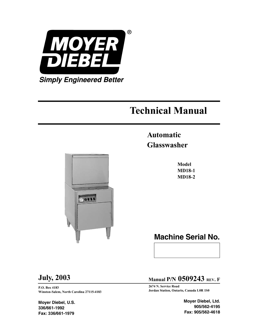 Moyer Diebel MD18-2, MD18-1 technical manual Technical Manual 