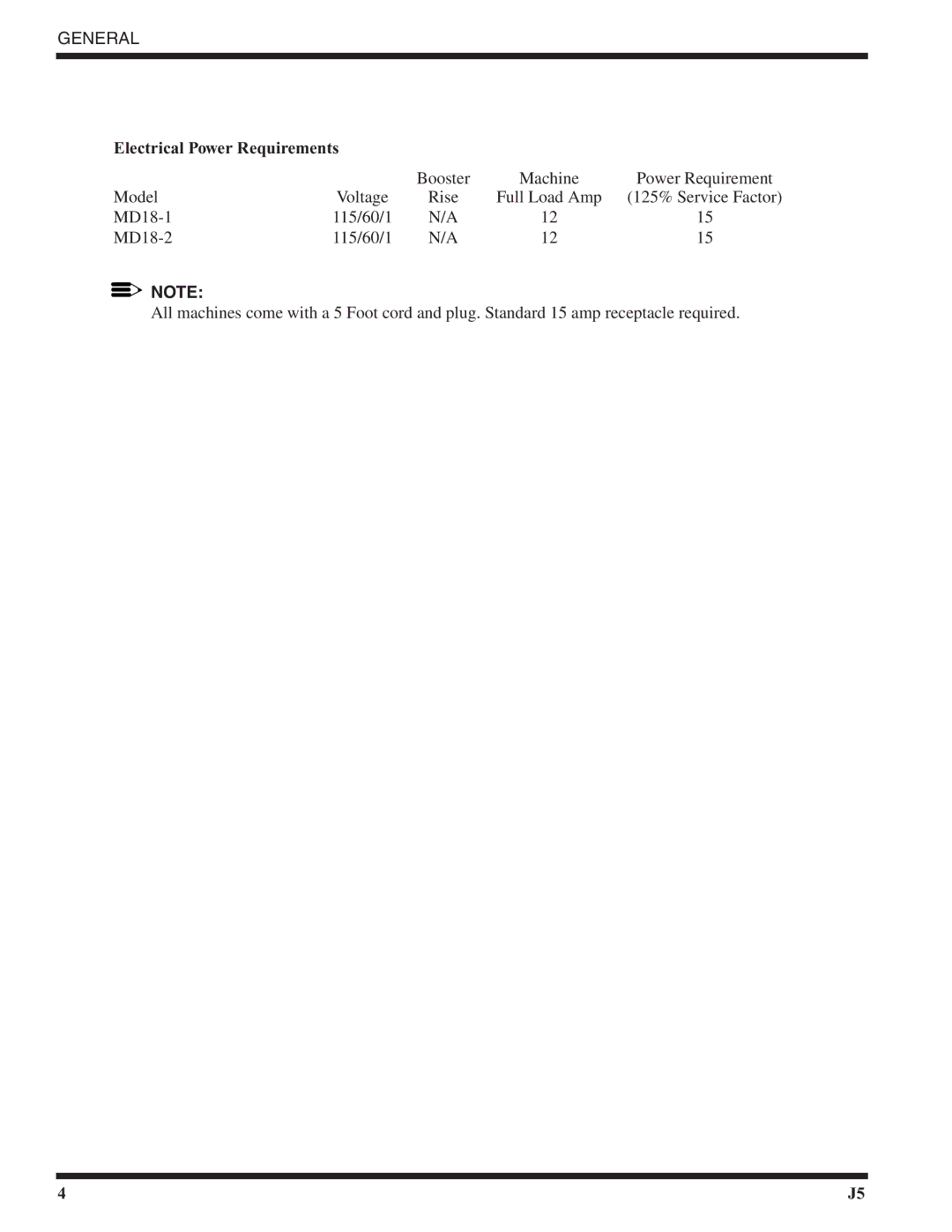 Moyer Diebel MD18-1, MD18-2 technical manual Electrical Power Requirements 