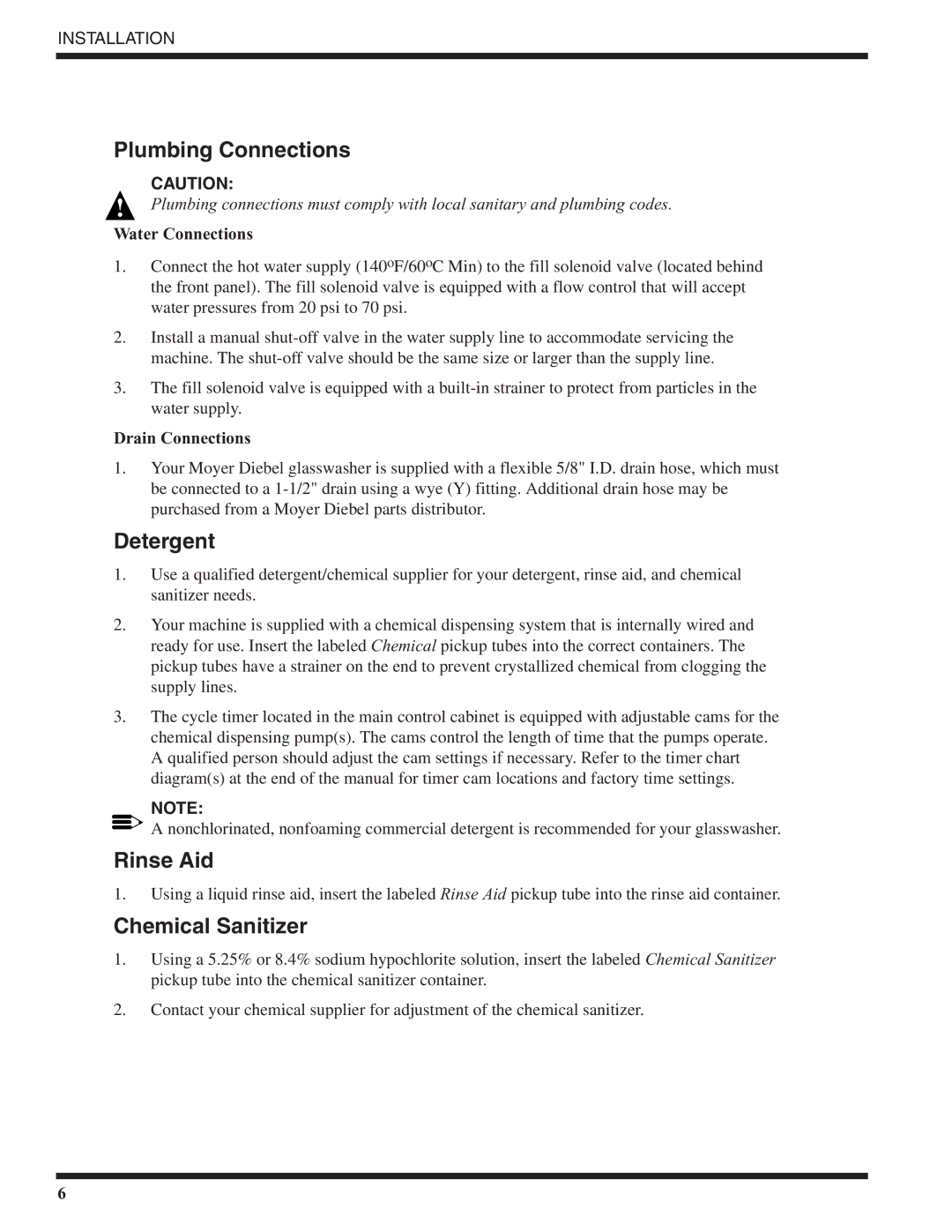 Moyer Diebel MD18-1, MD18-2 technical manual Plumbing Connections, Detergent, Rinse Aid, Chemical Sanitizer 