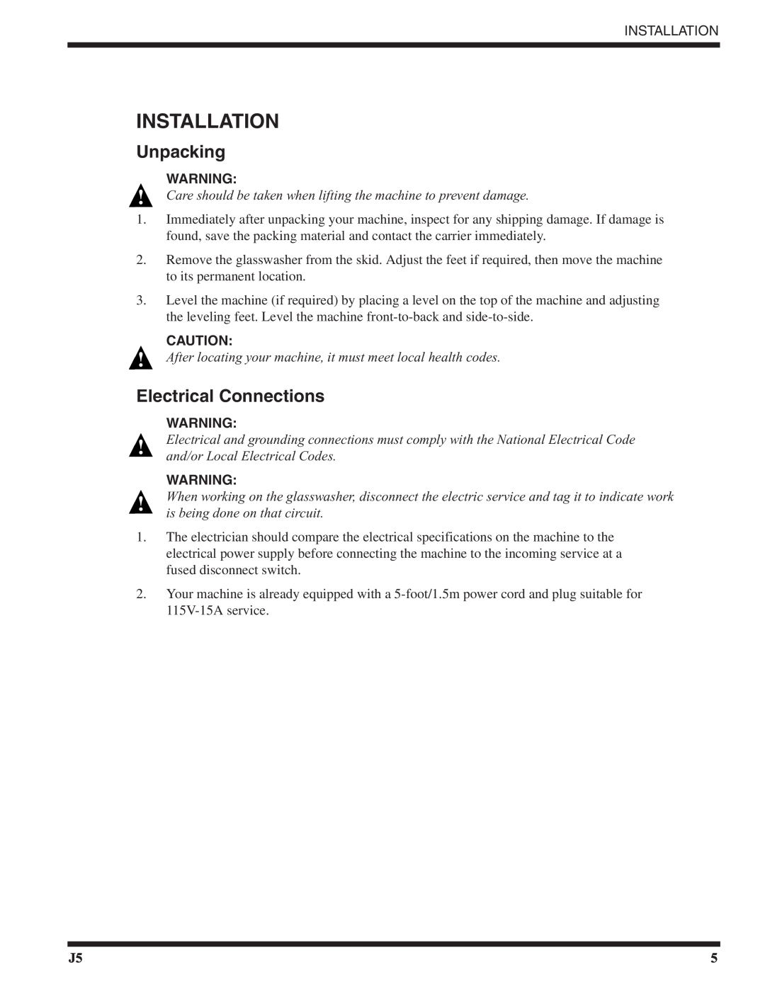 Moyer Diebel MD18-2, MD18-1 technical manual Installation, Unpacking, Electrical Connections 