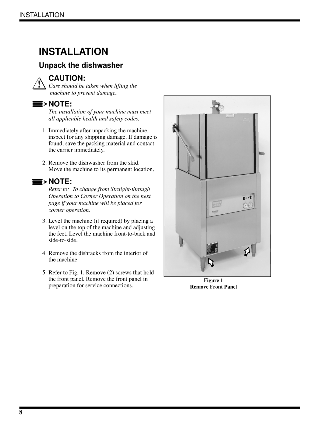 Moyer Diebel MH-60M2, MH-6NM2, MH-6LM2 technical manual Installation, Unpack the dishwasher 