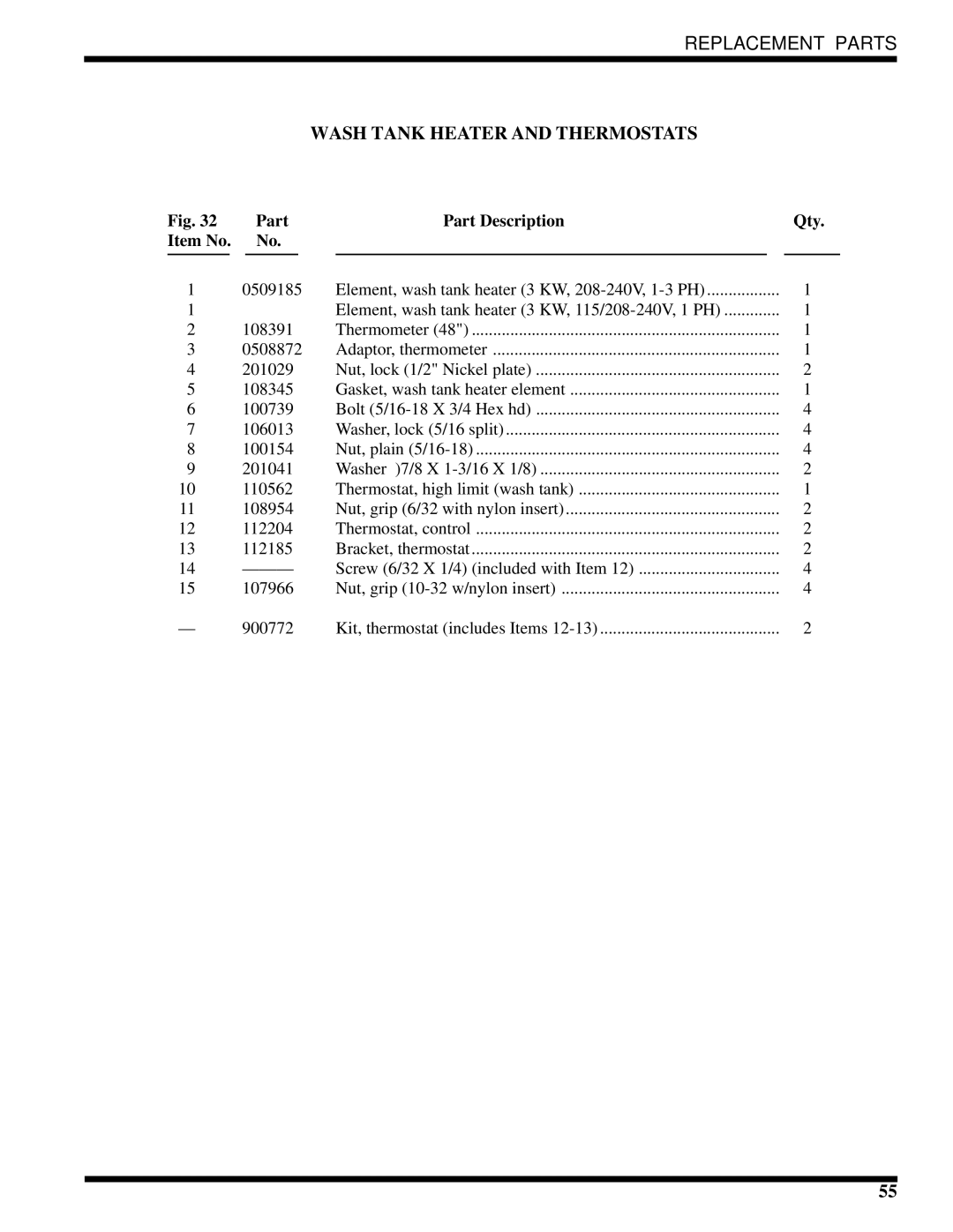 Moyer Diebel MH-6NM2, MH-60M2, MH-6LM2 technical manual Wash Tank Heater and Thermostats, 0509185 