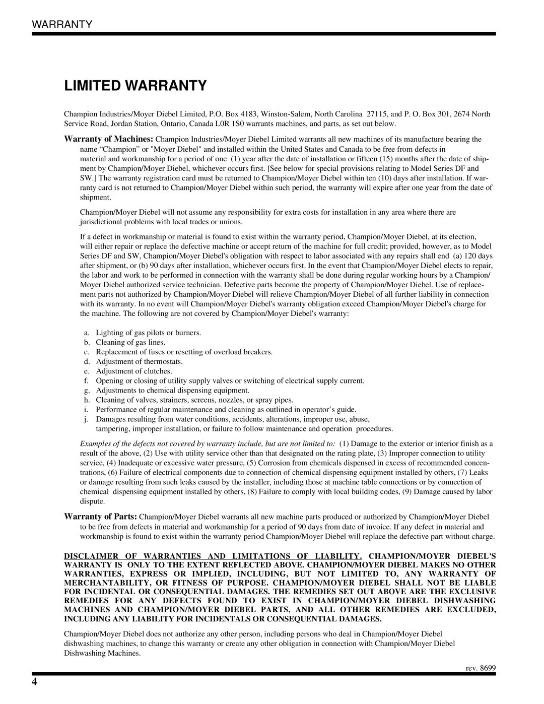 Moyer Diebel MH-6NM2, MH-60M2, MH-6LM2 technical manual Limited Warranty 