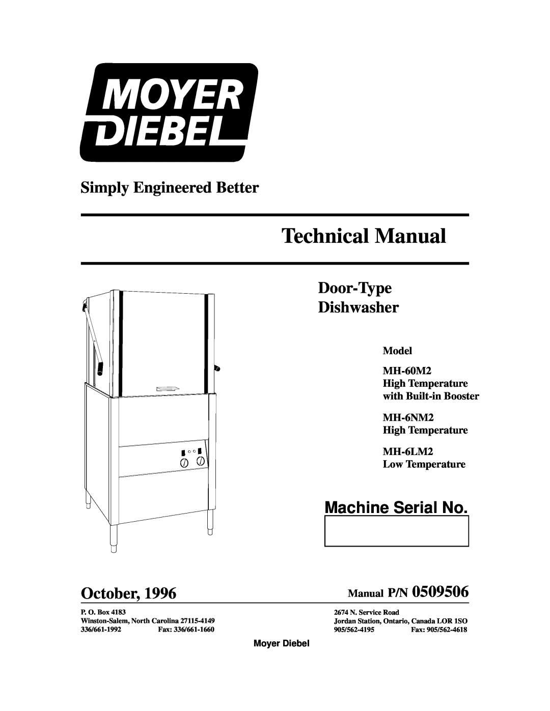 Moyer Diebel MH-60M2, MH-6NM2 technical manual Simply Engineered Better, Door-Type Dishwasher, Machine Serial No, October 