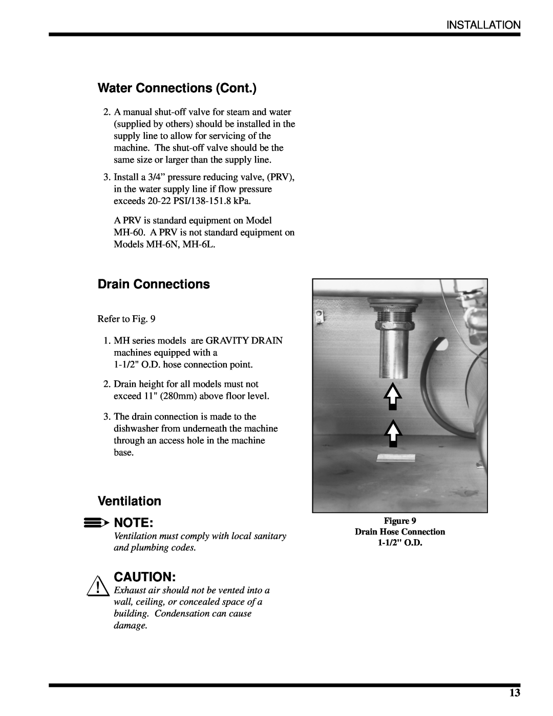 Moyer Diebel MH-6NM2, MH-60M2, MH-6LM2 technical manual Water Connections Cont, Drain Connections, Ventilation, Installation 