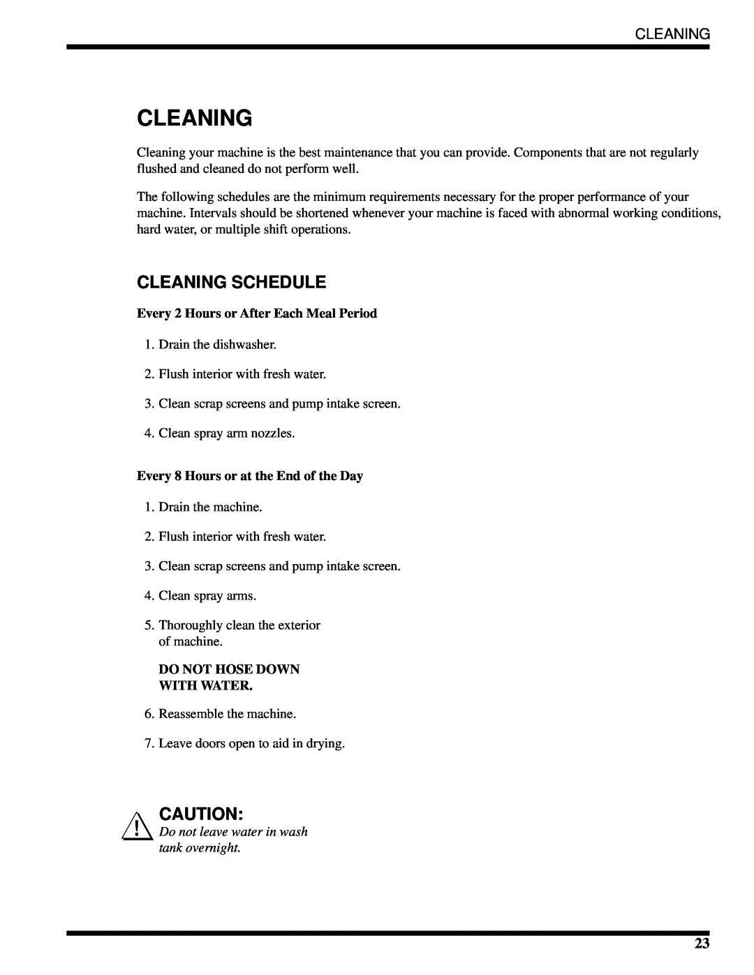 Moyer Diebel MH-60M2, MH-6NM2 Cleaning Schedule, Every 2 Hours or After Each Meal Period, Do Not Hose Down With Water 