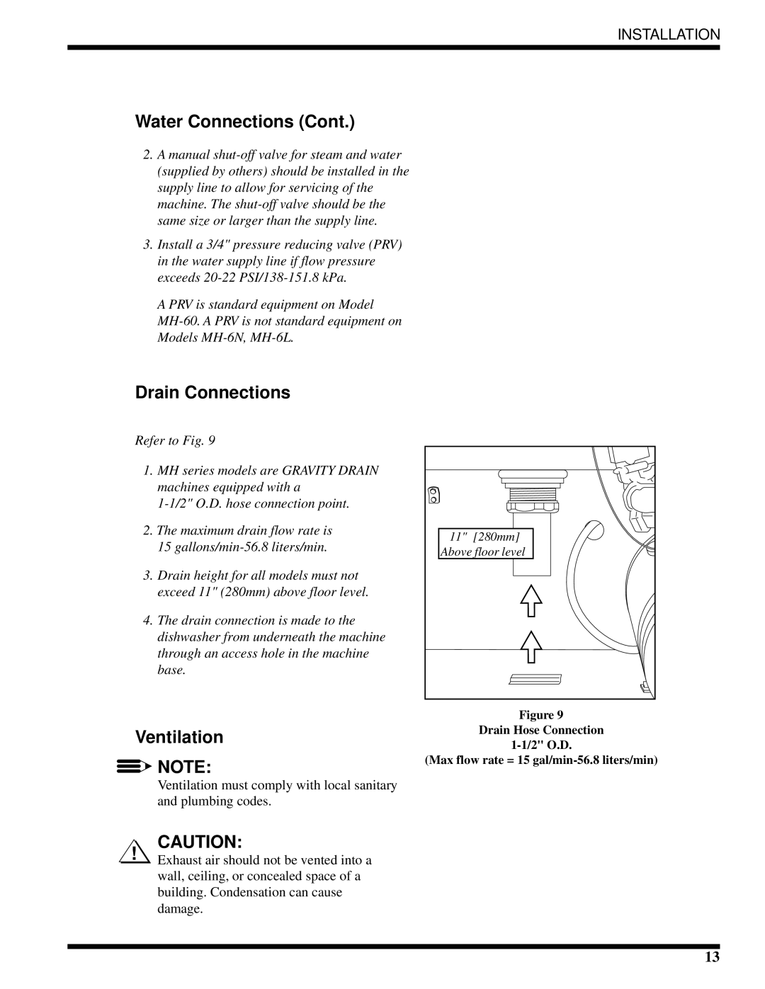 Moyer Diebel MH-6NM3, MH-6LM3, MH-60M3 technical manual Water Connections, Drain Connections, Ventilation 