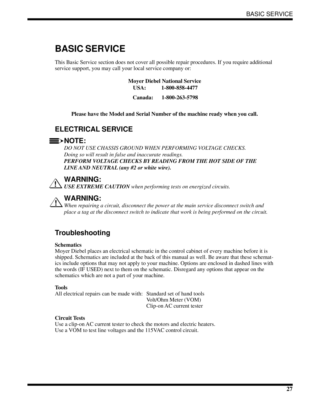 Moyer Diebel MH-60M3, MH-6NM3, MH-6LM3 technical manual Basic Service, Troubleshooting, Schematics, Tools, Circuit Tests 