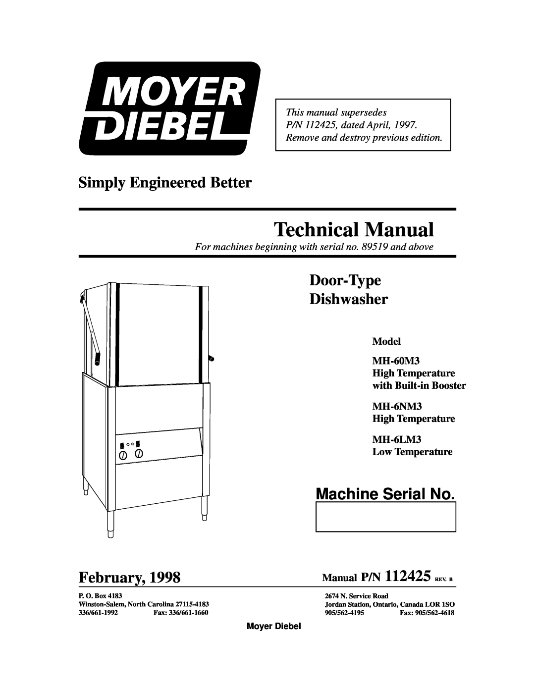Moyer Diebel MH-6LM3 technical manual Machine Serial No, Model MH-60M3, High Temperature with Built-inBooster MH-6NM3 