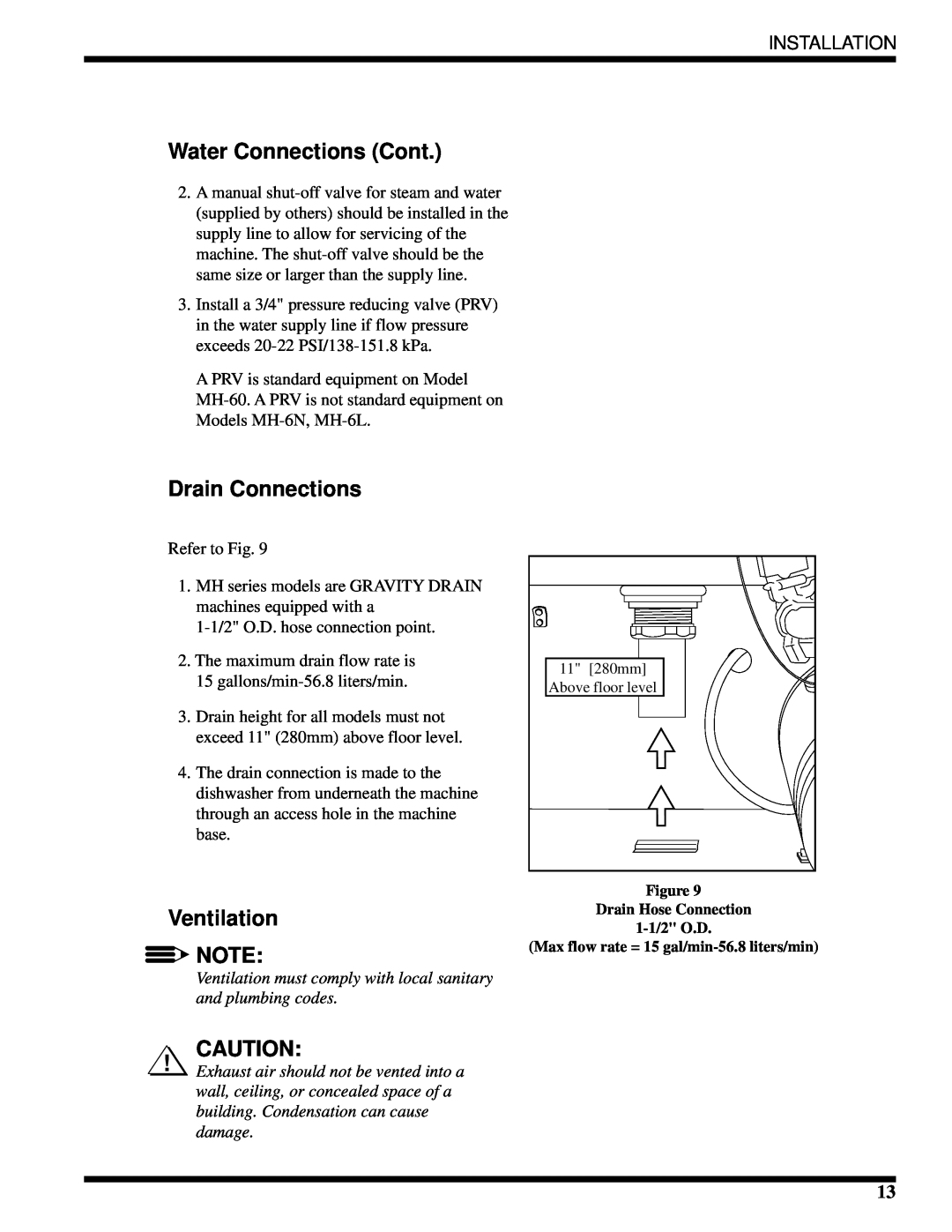 Moyer Diebel MH-6NM3, MH-6LM3, MH-60M3 technical manual Water Connections Cont, Drain Connections, Ventilation, Installation 