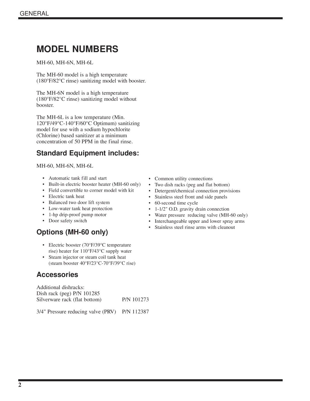 Moyer Diebel MH-6LM5, MH-6NM5, MH-60M5 Model Numbers, Standard Equipment includes, Options MH-60 only, Accessories 