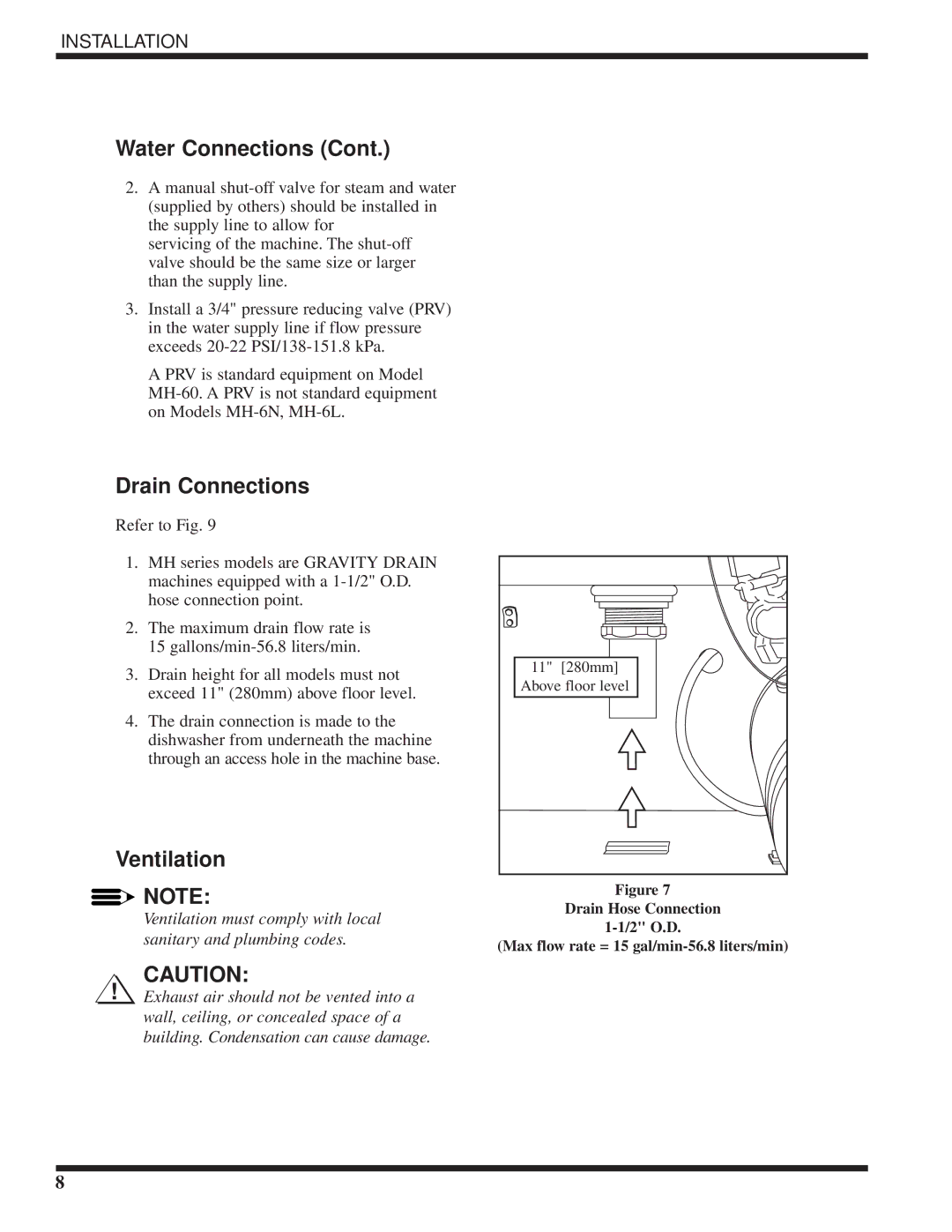 Moyer Diebel MH-6LM5, MH-6NM5, MH-60M5 technical manual Water Connections, Drain Connections, Ventilation 