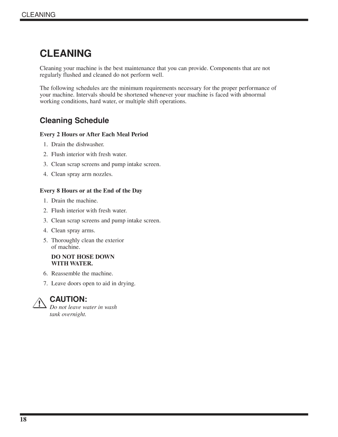 Moyer Diebel MH-60M5, MH-6NM5, MH-6LM5 technical manual Cleaning Schedule, Every 2 Hours or After Each Meal Period 