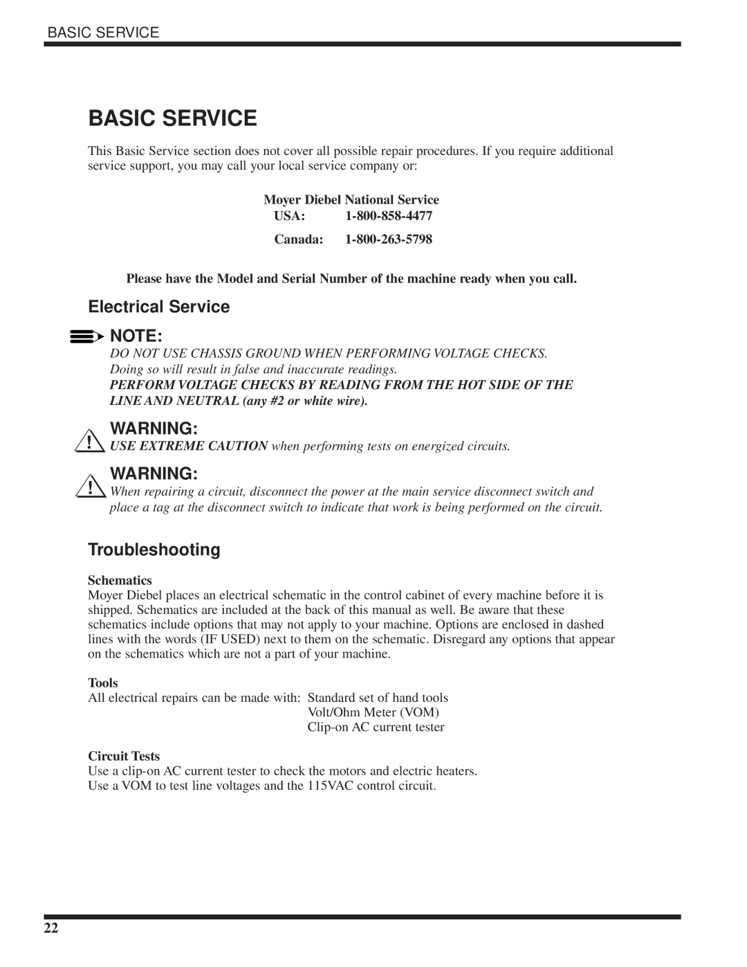 Moyer Diebel MH-6NM5, MH-6LM5, MH-60M5 technical manual Basic Service, Electrical Service, Troubleshooting 