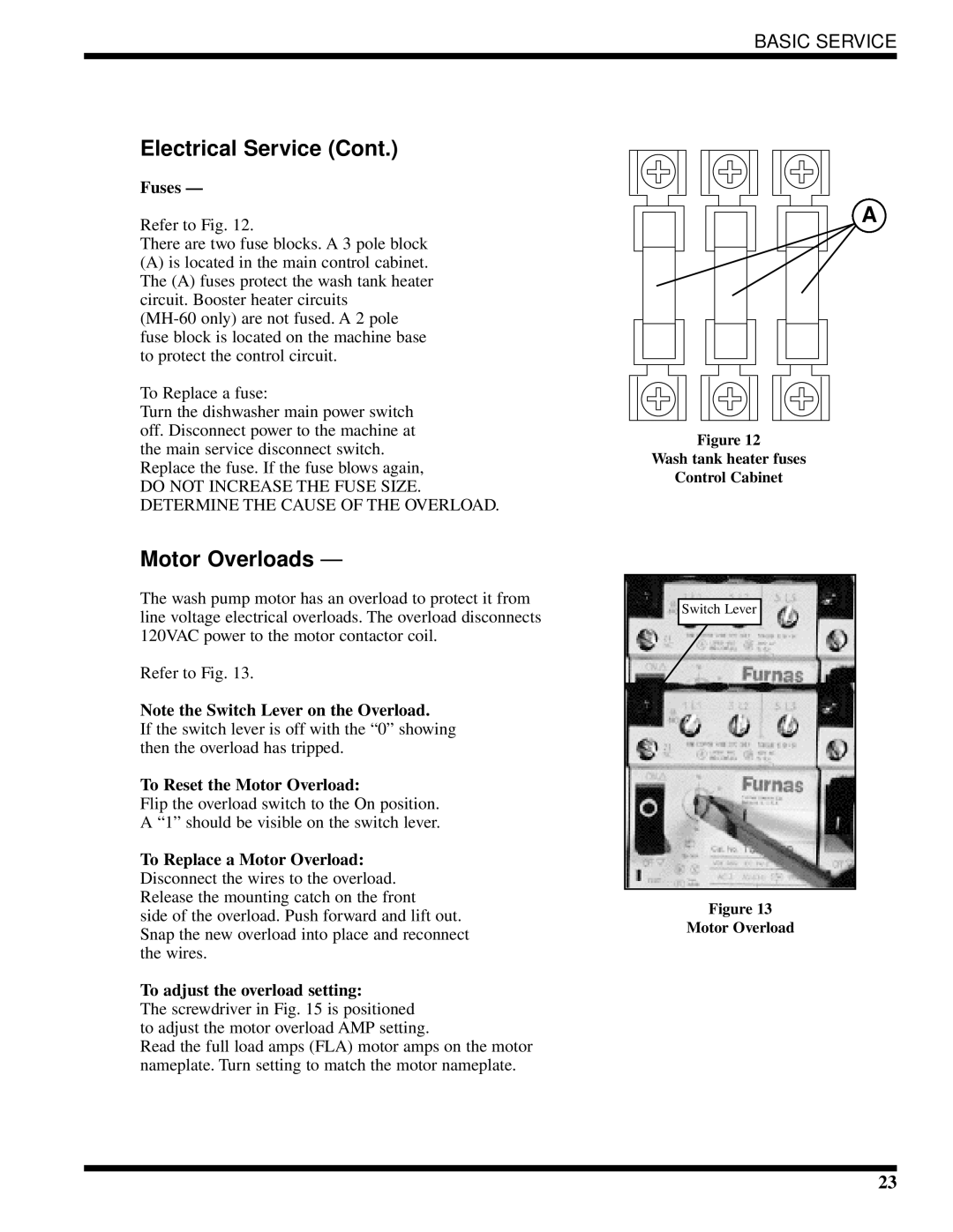 Moyer Diebel MH-6LM5, MH-6NM5, MH-60M5 Motor Overloads, Fuses, To Reset the Motor Overload, To adjust the overload setting 