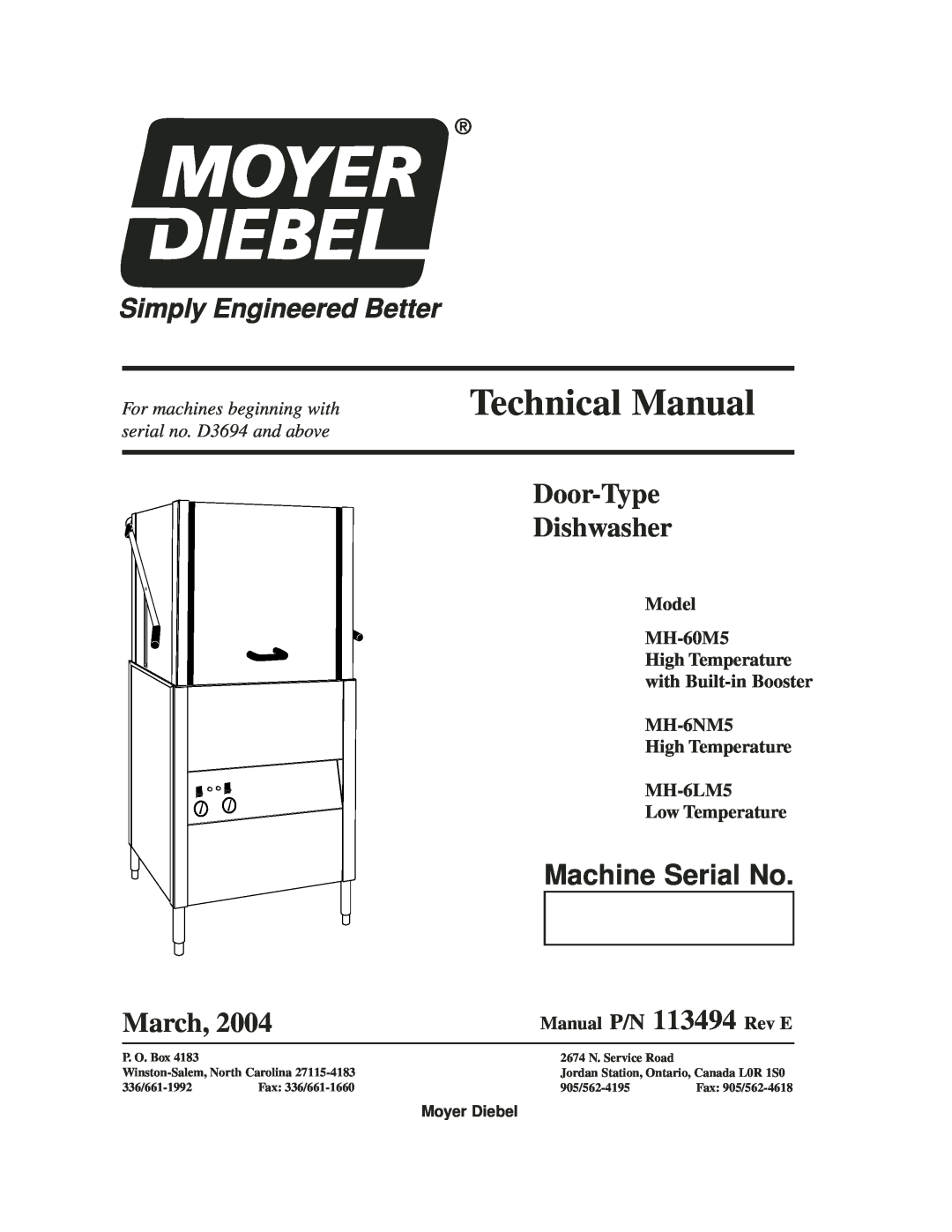 Moyer Diebel MH-6LM5 technical manual Technical Manual, Door-Type Dishwasher, Machine Serial No, March, Moyer Diebel 
