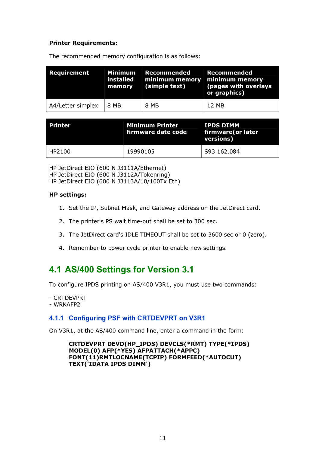 MPI Technologies 2100 manual AS/400 Settings for Version, Configuring PSF with Crtdevprt on V3R1, Printer Requirements 