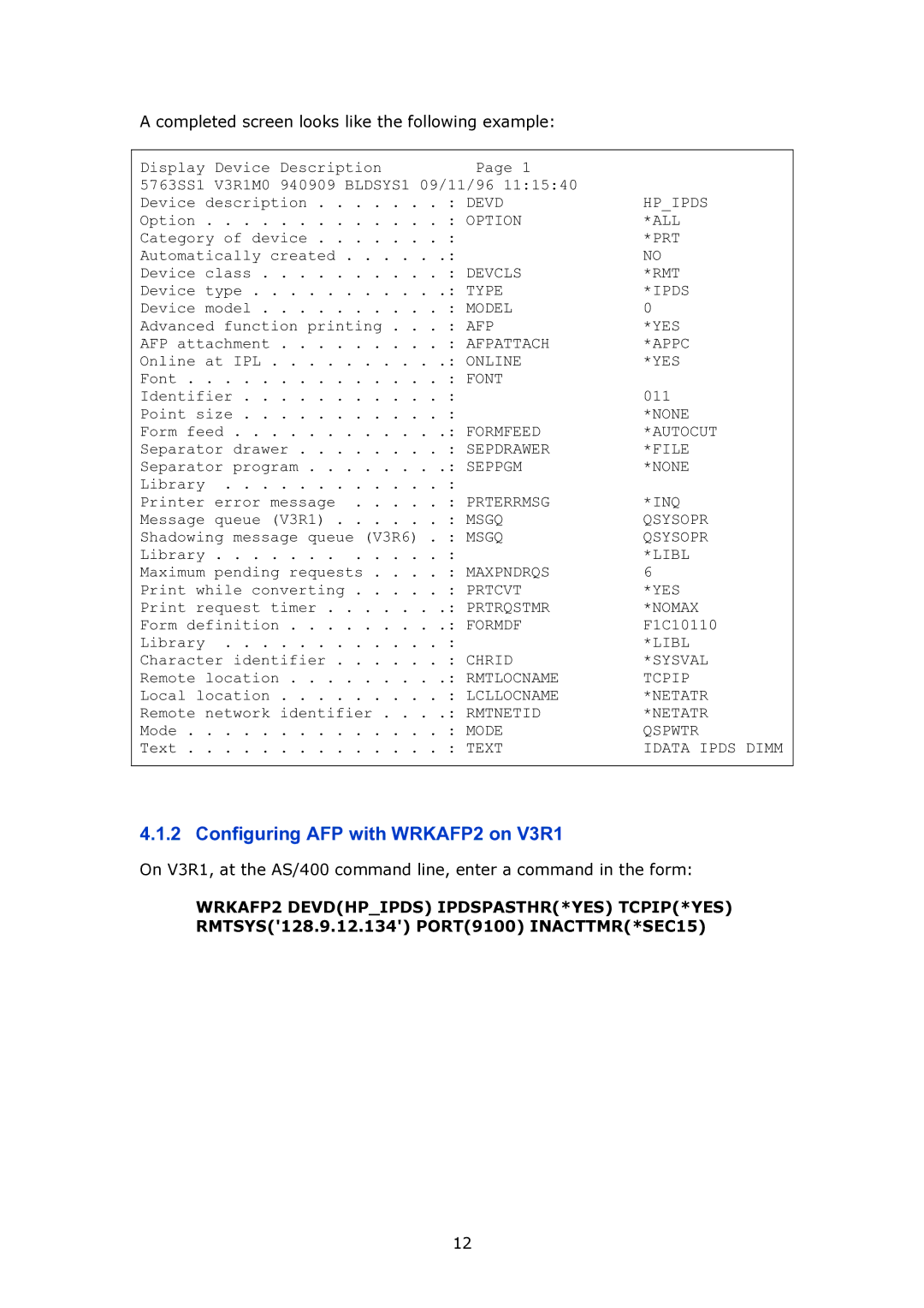 MPI Technologies 2100 manual Configuring AFP with WRKAFP2 on V3R1, Completed screen looks like the following example 