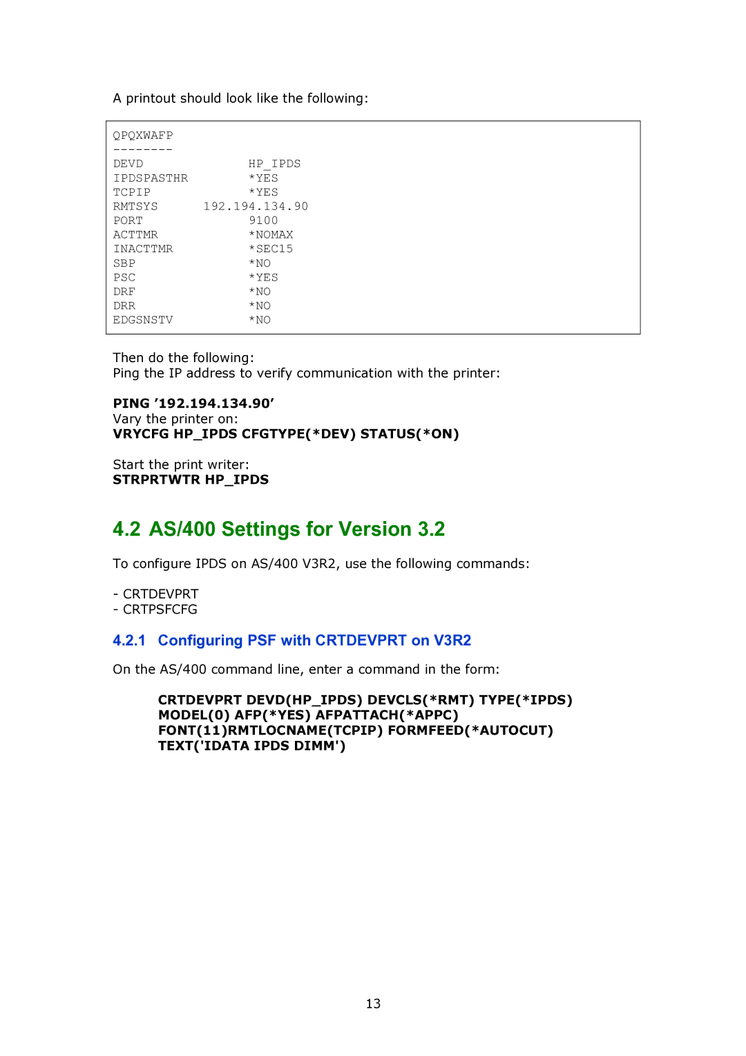 MPI Technologies 2100 manual Configuring PSF with Crtdevprt on V3R2, Ping ’192.194.134.90’ 