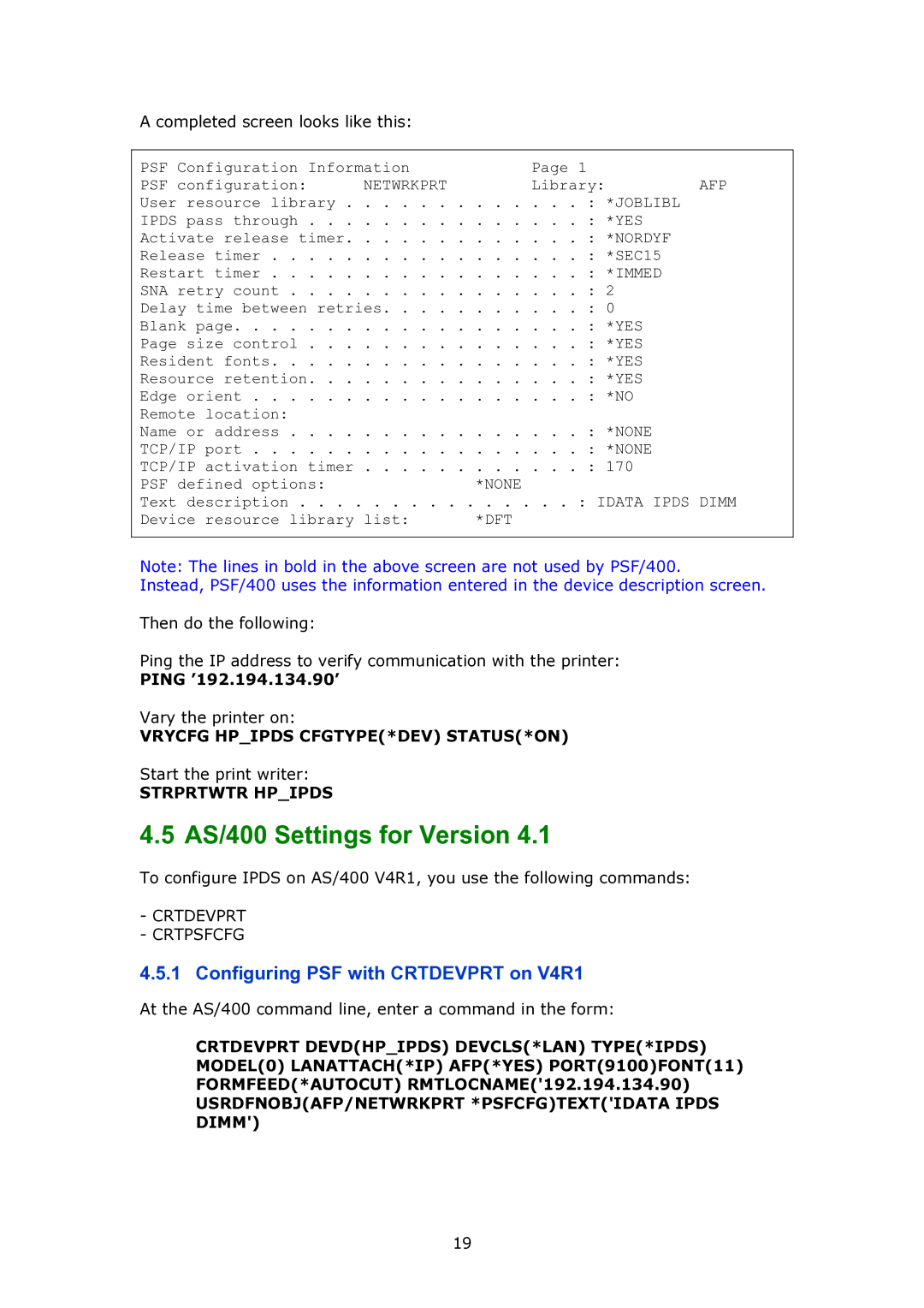 MPI Technologies 2100 manual Configuring PSF with Crtdevprt on V4R1 