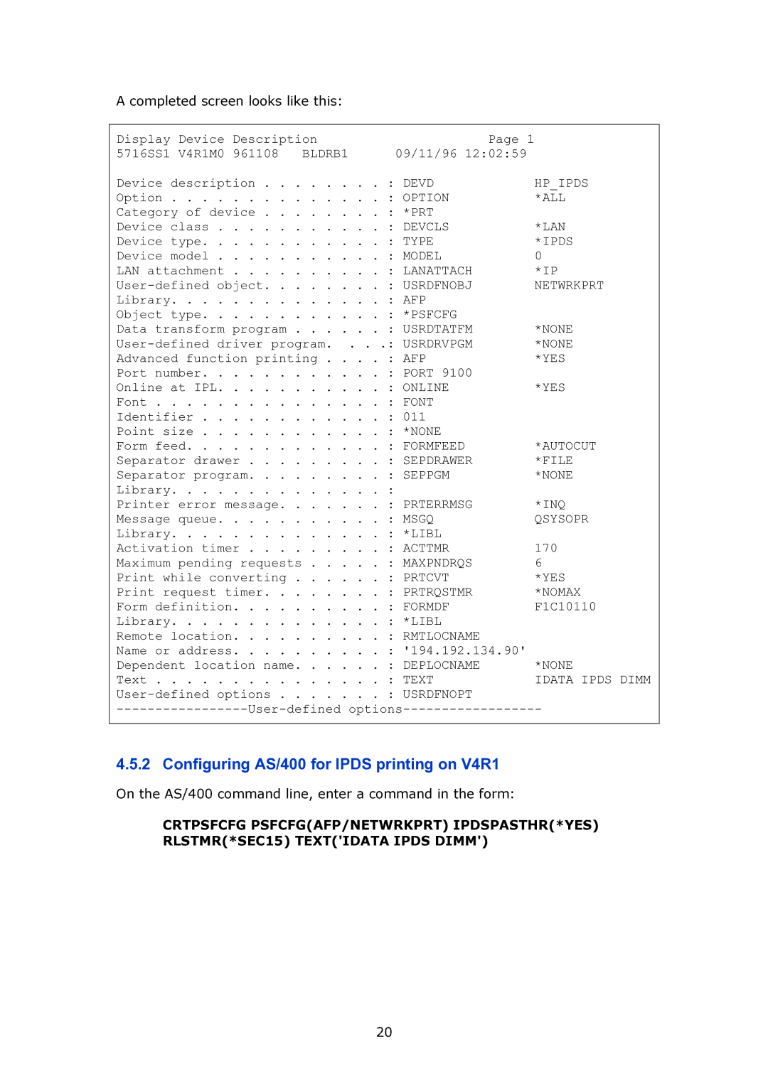 MPI Technologies 2100 manual Configuring AS/400 for Ipds printing on V4R1 