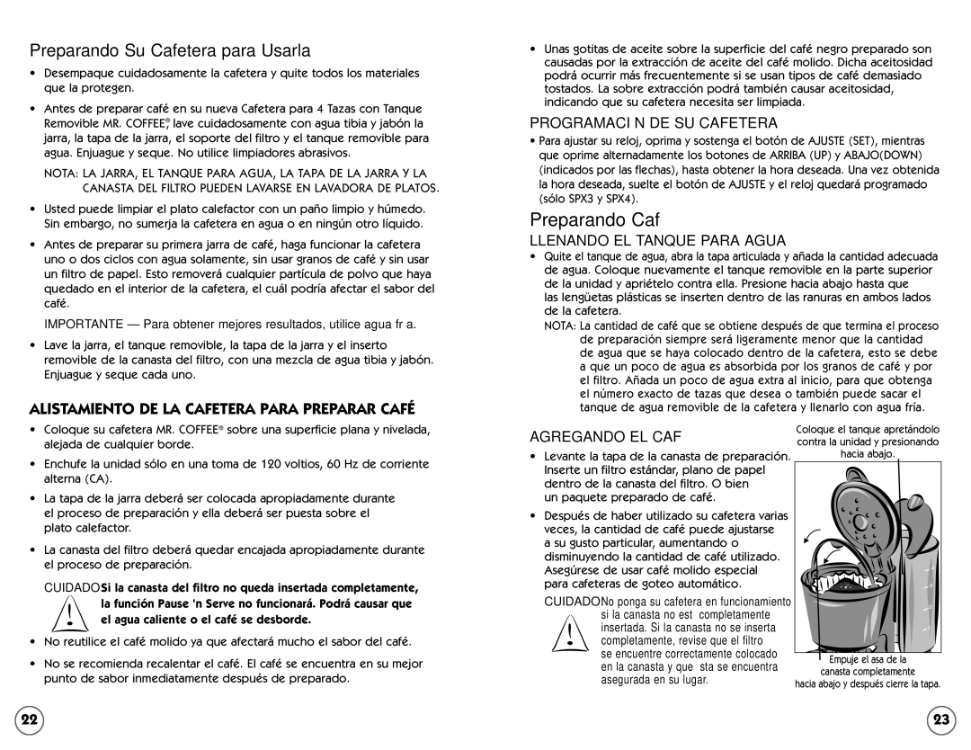 Mr. Coffee 109041 user manual Programación DE SU Cafetera, Llenando EL Tanque Para Agua, Agregando EL Café 