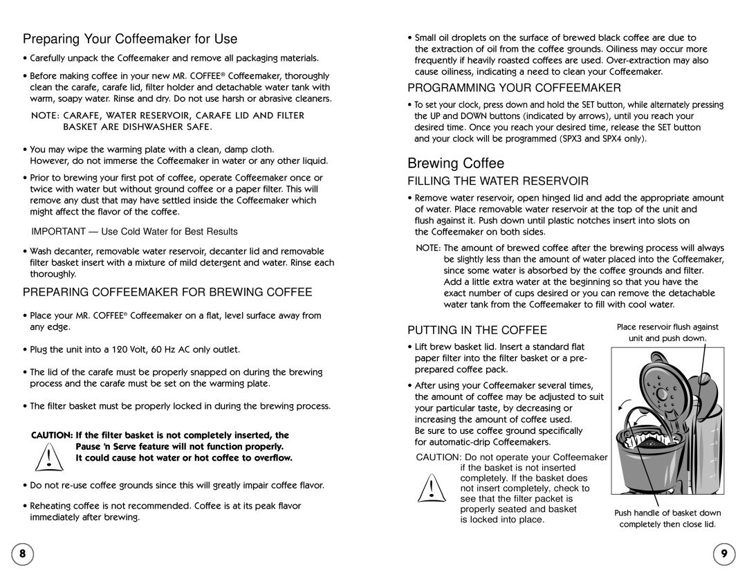 Mr. Coffee 109041 Preparing Coffeemaker for Brewing Coffee, Programming Your Coffeemaker, Filling the Water Reservoir 