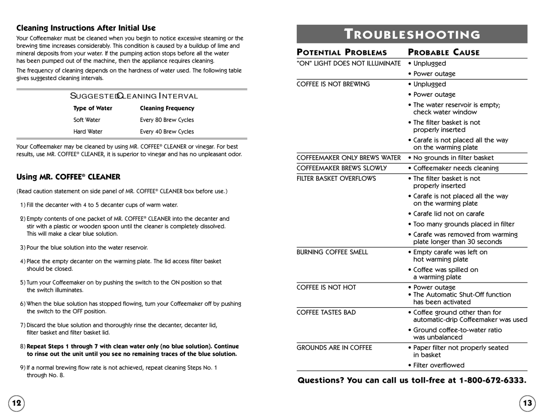 Mr. Coffee 109041 user manual Cleaning Instructions After Initial Use, Using MR. Coffee Cleaner 