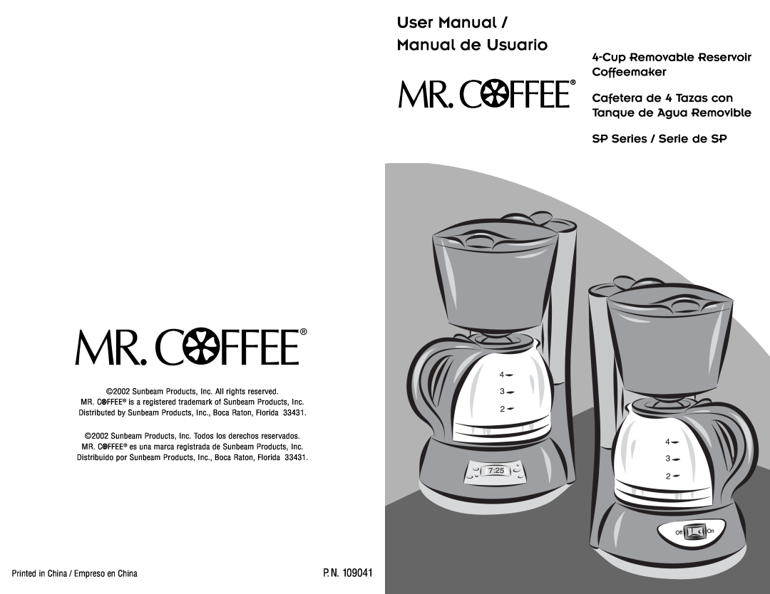 Mr. Coffee 109041 user manual Cup Removable Reservoir Coffeemaker Cafetera de 4 Tazas con, P. N 