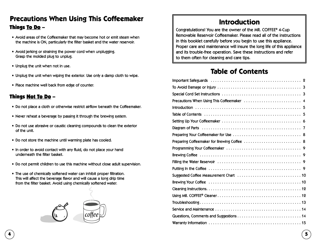 Mr. Coffee 109041 Precautions When Using This Coffeemaker, coffee, Introduction, Table of Contents, Things To Do 