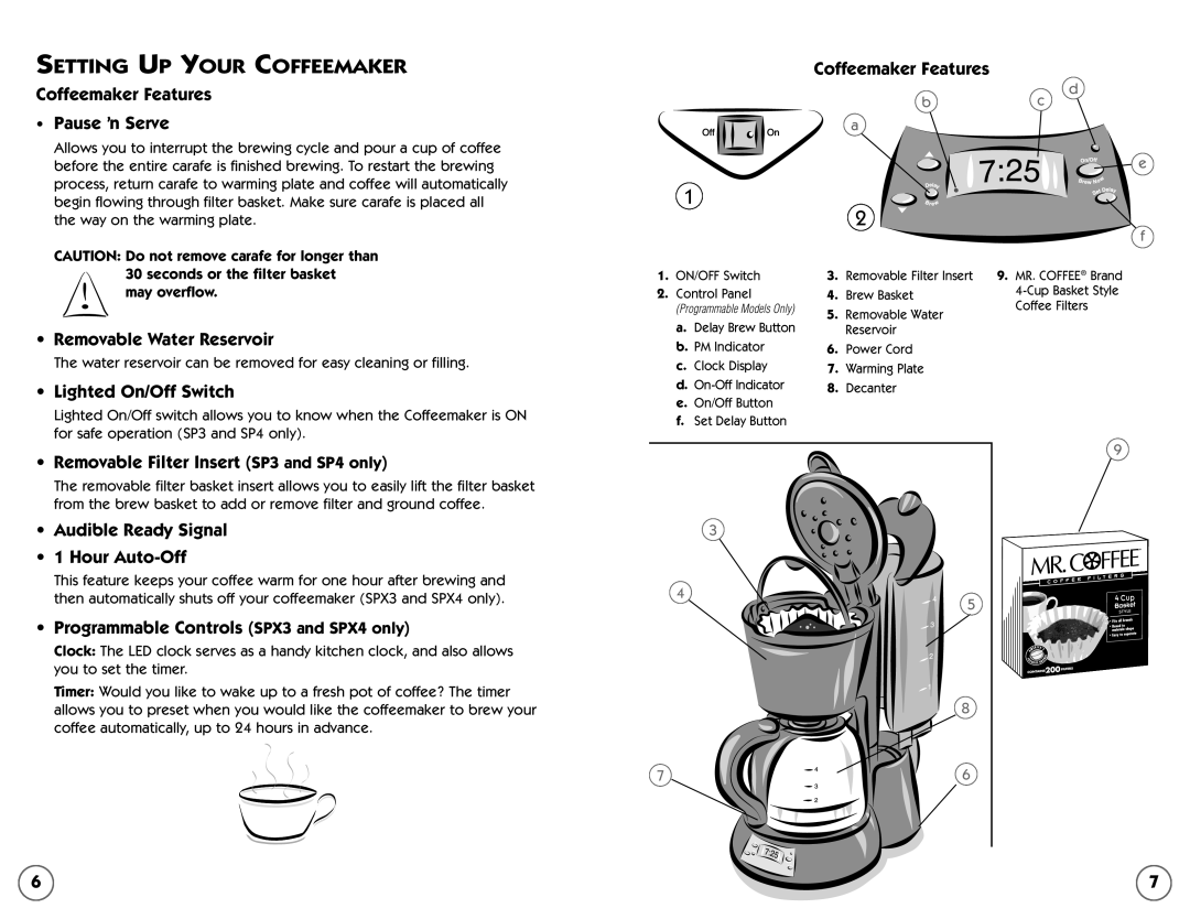Mr. Coffee 109041 user manual Setting Up Your Coffeemaker, Coffeemaker Features Pause ’n Serve, Removable Water Reservoir 