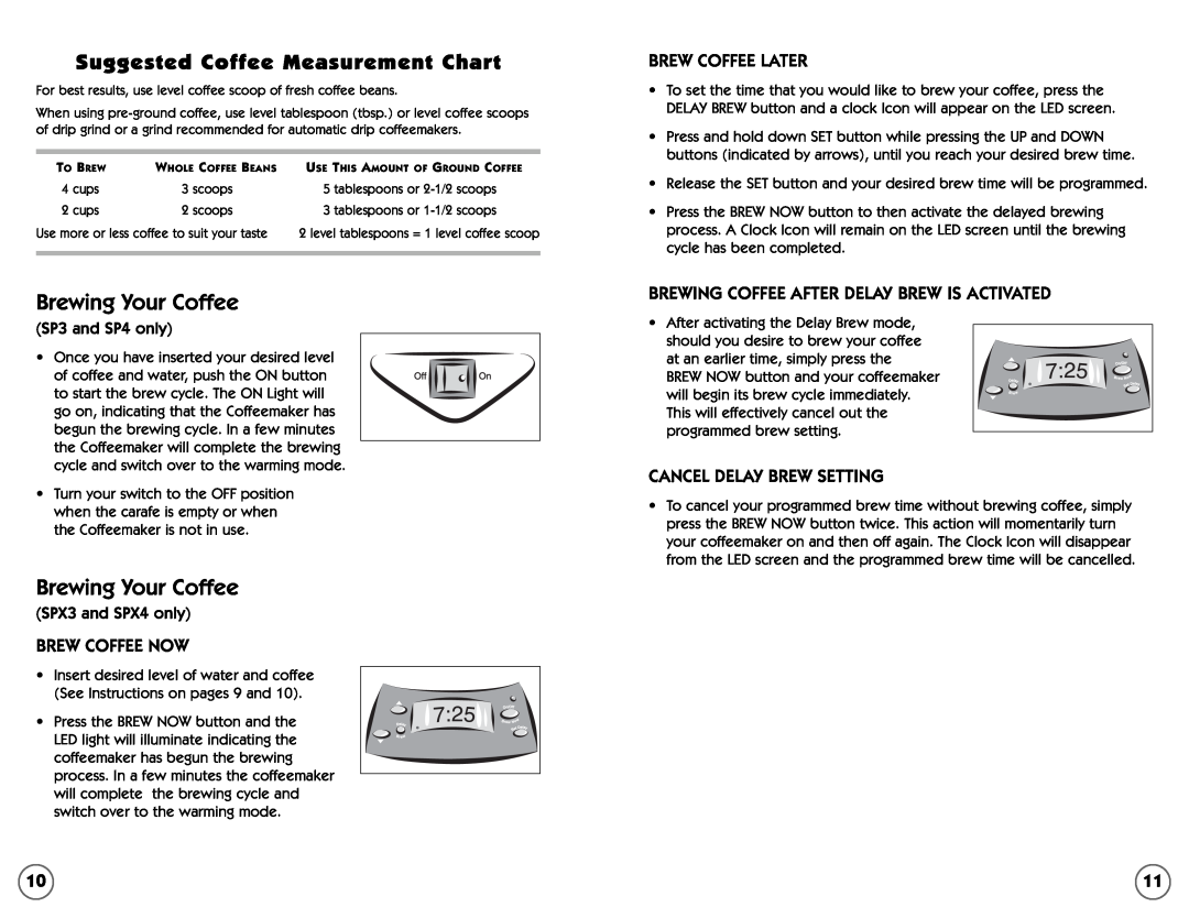 Mr. Coffee 109041 user manual Suggested Coffee Measurement Chart, Brewing Your Coffee, Brew Coffee Now, Brew Coffee Later 