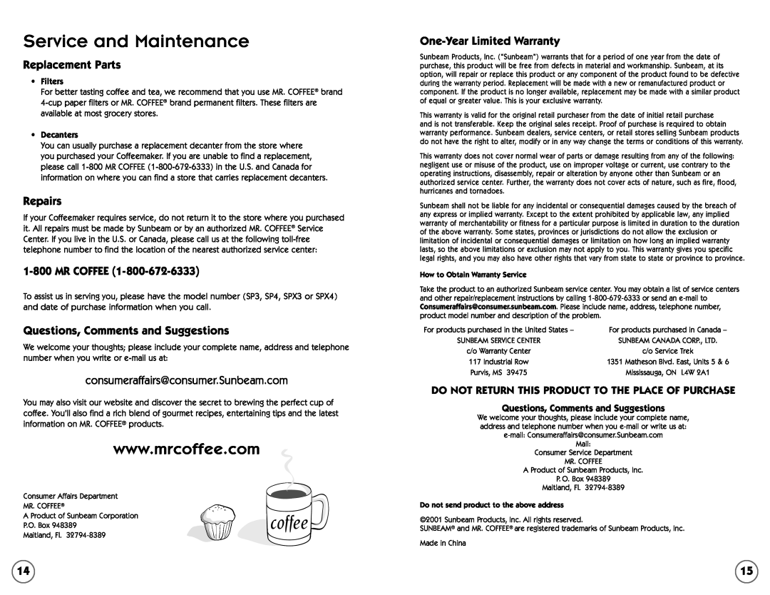 Mr. Coffee 109041 Service and Maintenance, coffee, Replacement Parts, Repairs, Questions, Comments and Suggestions 