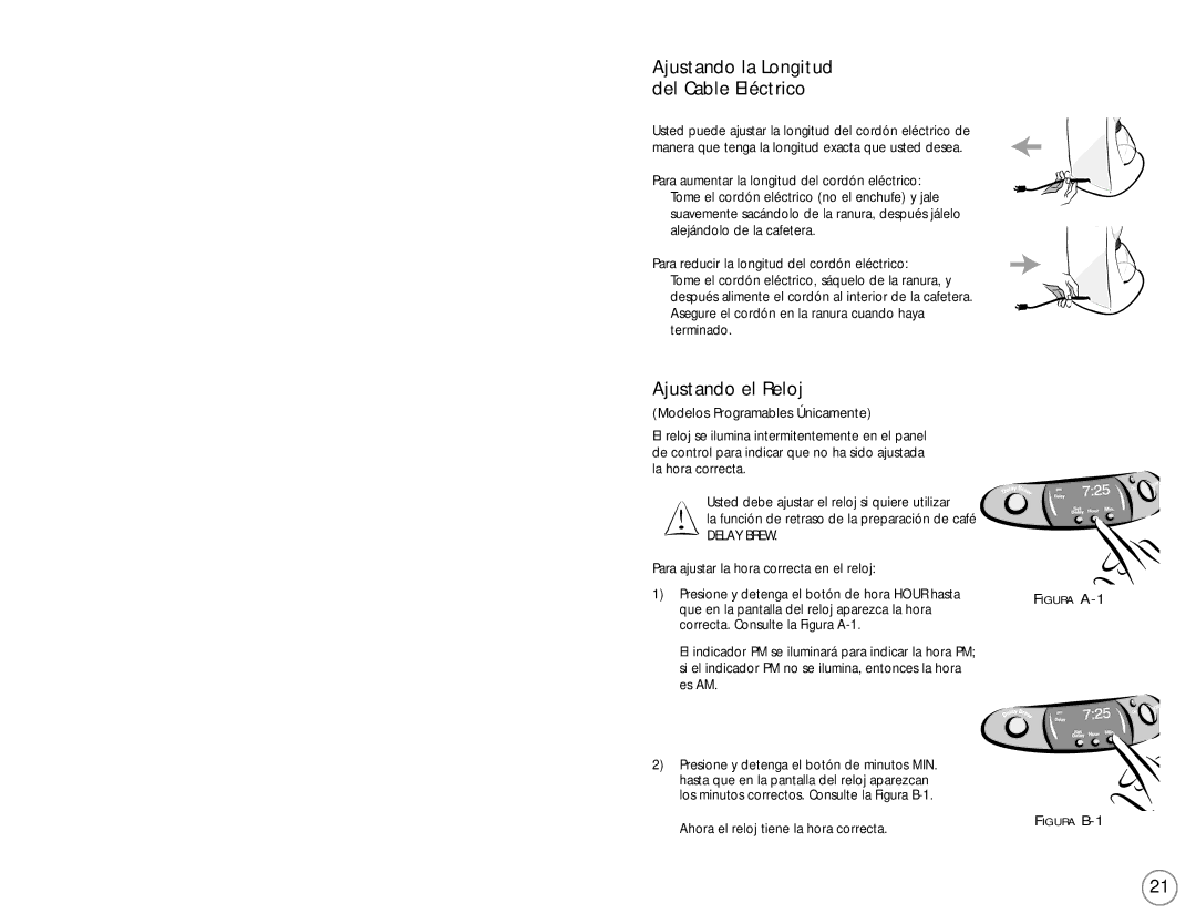 Mr. Coffee 110687 user manual Ajustando el Reloj, Ajustando la Longitud del Cable Eléctrico 