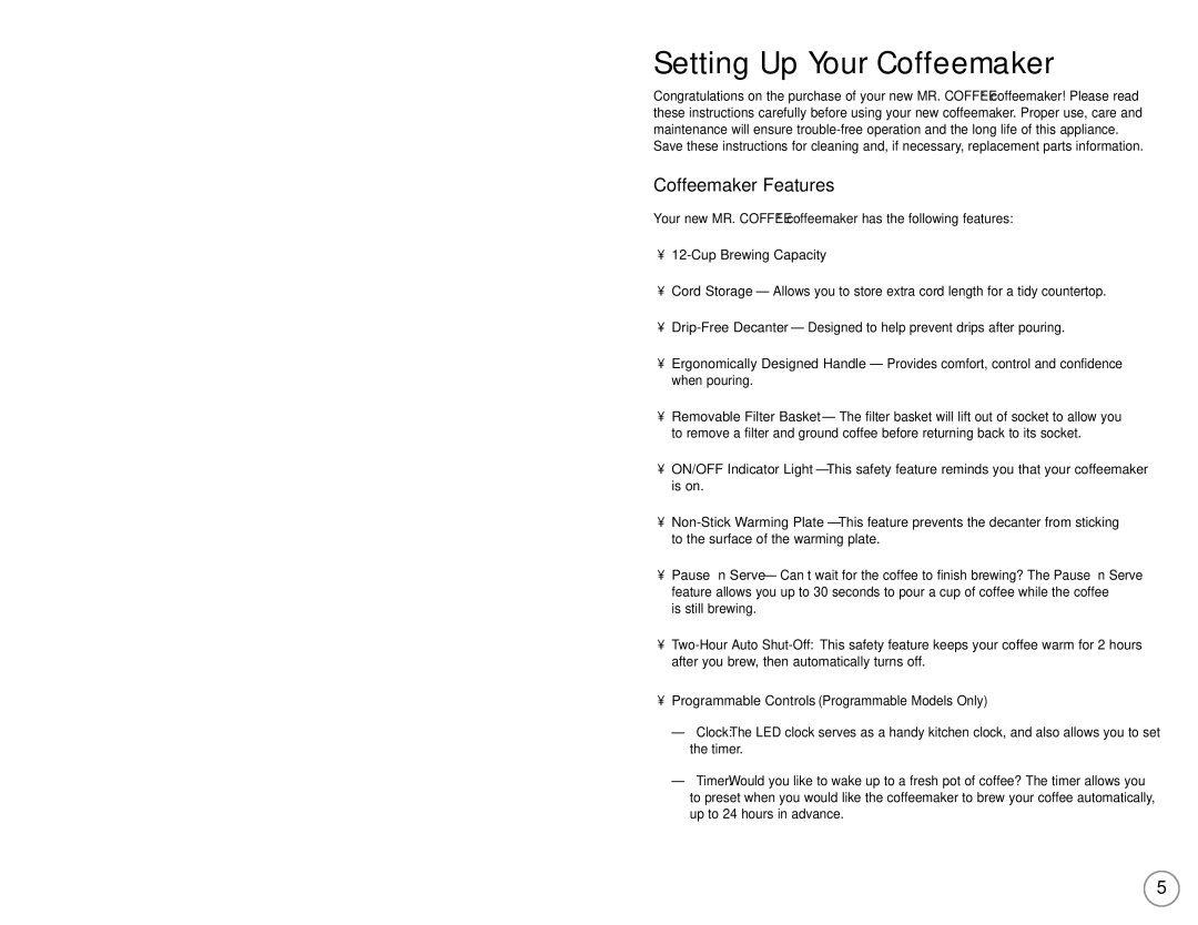 Mr. Coffee 110687 user manual Setting Up Your Coffeemaker, Coffeemaker Features 