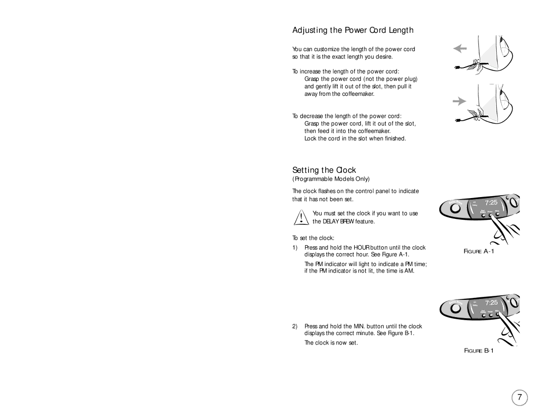 Mr. Coffee 110687 user manual Adjusting the Power Cord Length, Setting the Clock 