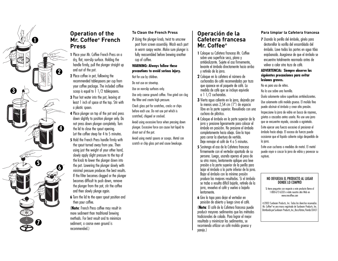 Mr. Coffee 111571 manual To Clean the French Press, Use on non-slip surfaces only, Shoot out of the pot, Donde LO Compró 