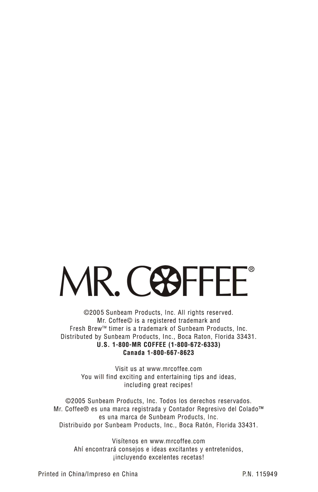 Mr. Coffee 115949 manual 