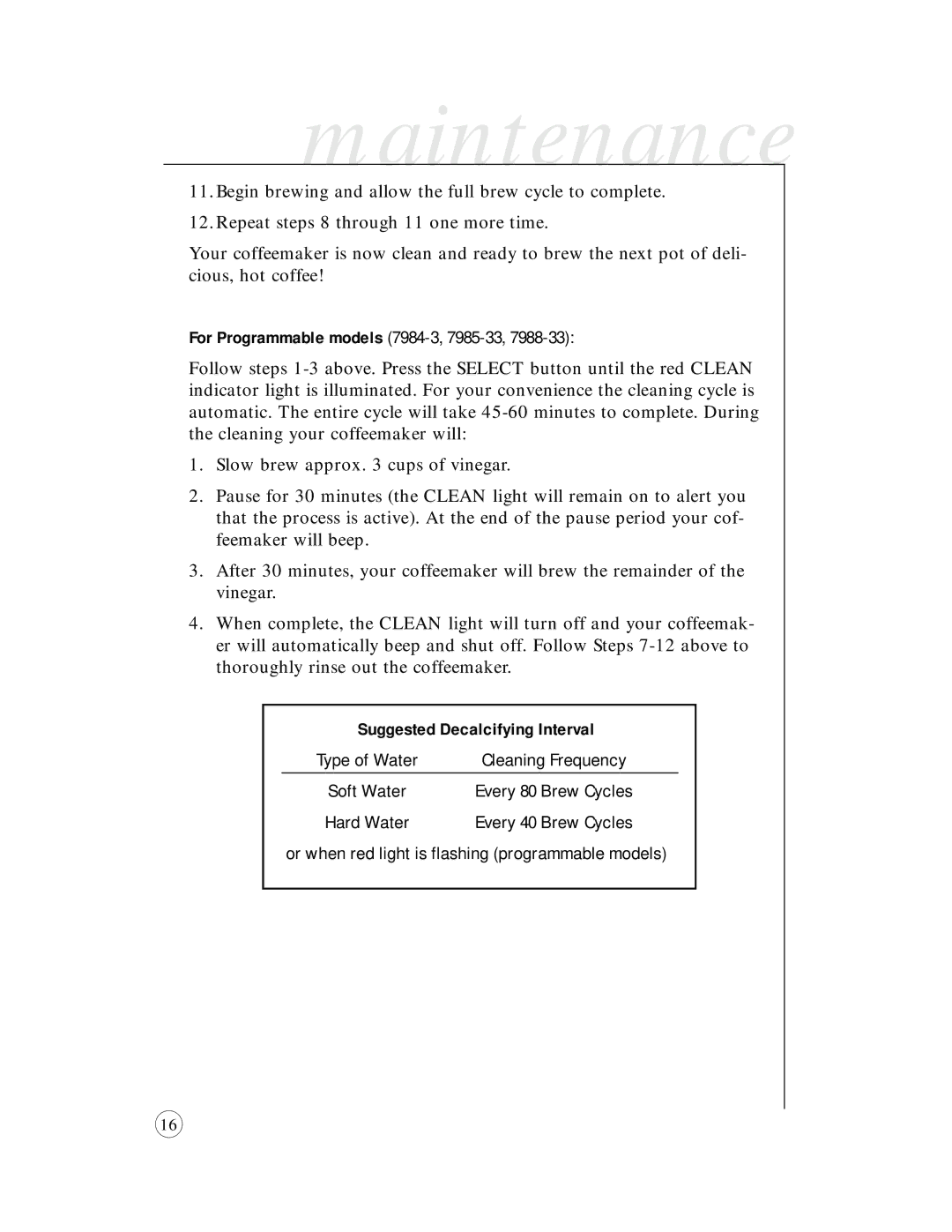 Mr. Coffee 7984-33, 7988-33, 7982-33, 7983-33 For Programmable models 7984-3, 7985-33, Suggested Decalcifying Interval 