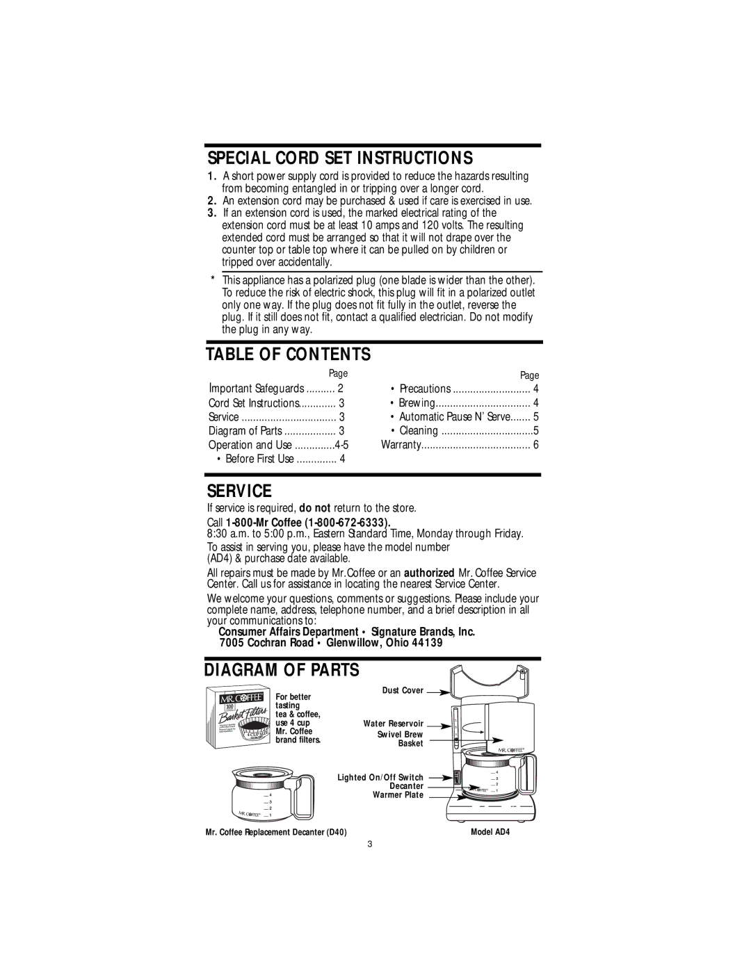 Mr. Coffee AD SERIES operating instructions Special Cord SET Instructions, Table of Contents, Service, Diagram of Parts 