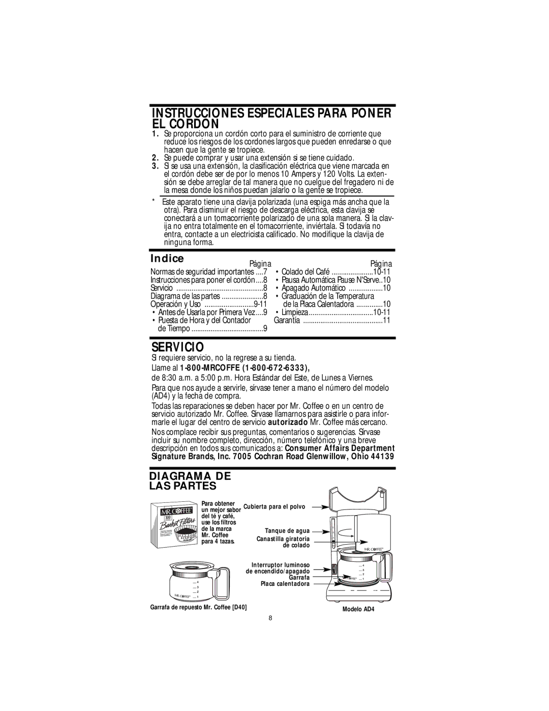 Mr. Coffee AD SERIES operating instructions Instrucciones Especiales Para Poner EL Cordon, Servicio, Indice 