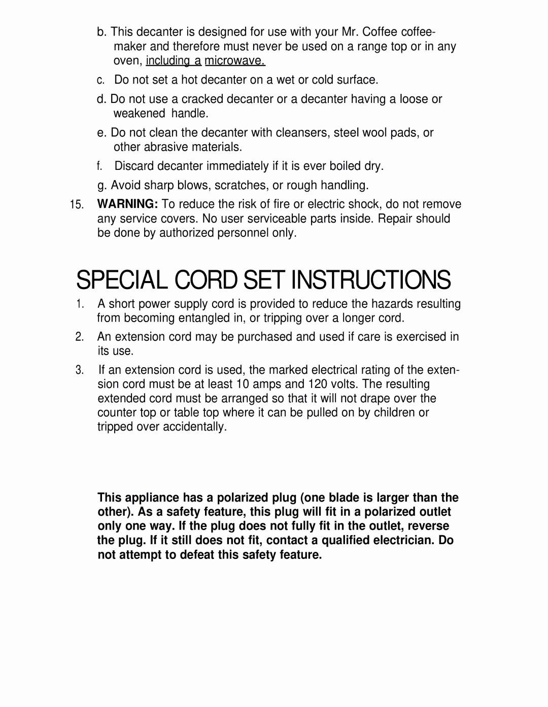 Mr. Coffee AD10 AND AD12 manual Special Cord SET Instructions 